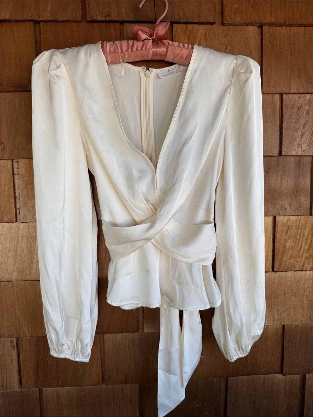 Astr Cream Satin Wrap Blouse with Tie Waist